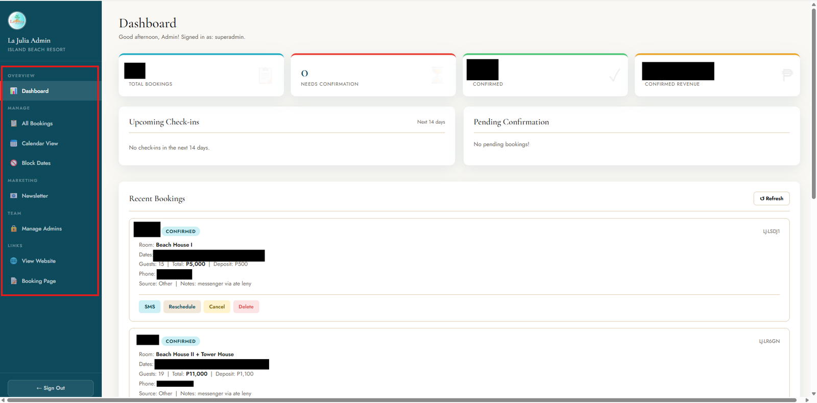 La Julia's booking management system — all reservations in one view