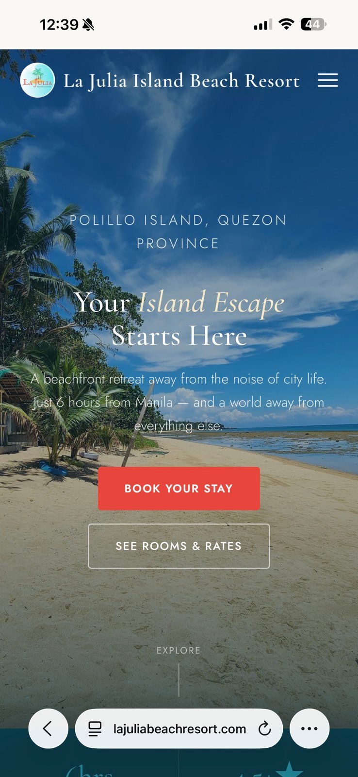 La Julia Island Beach Resort website open on a phone